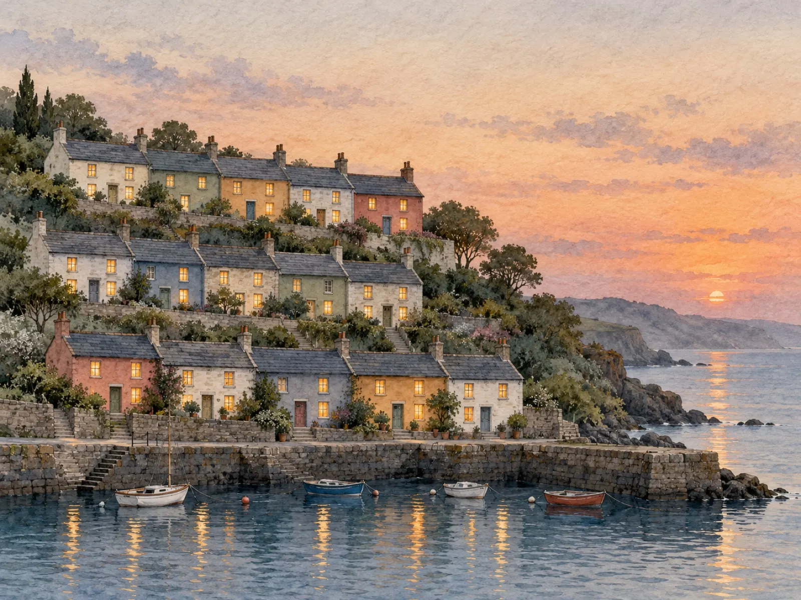 Watercolor of a hillside village with lit windows above a harbor at dusk