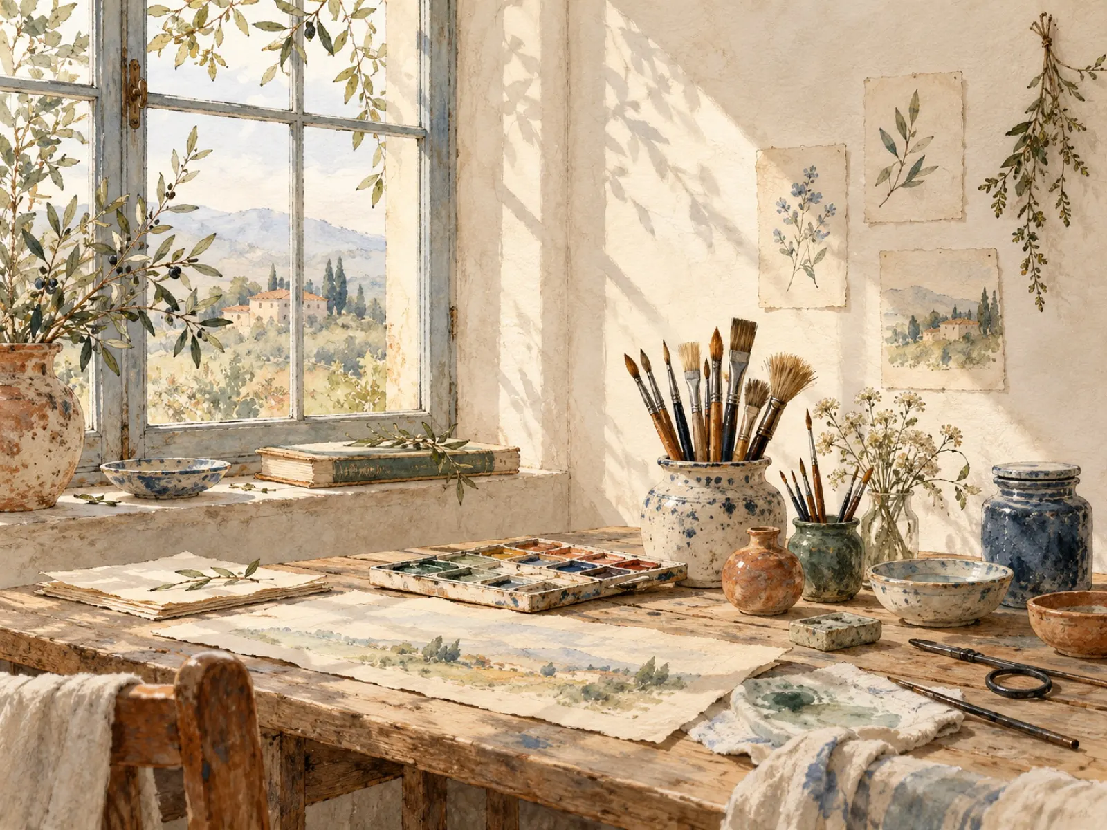 Watercolor of a sunlit atelier table with brushes, jars and a window onto hills