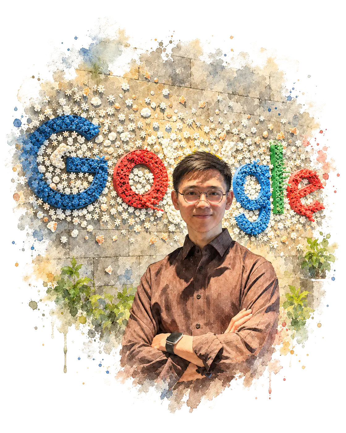 Watercolor portrait of Stanley in a brown shirt, arms crossed, in front of the Google lettering on a stone wall